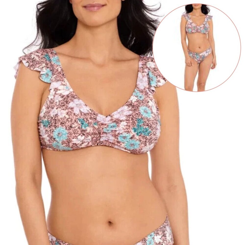 Peach, White, Turquoise Print Ruffle Bikini Set Medium Top Small Bottom